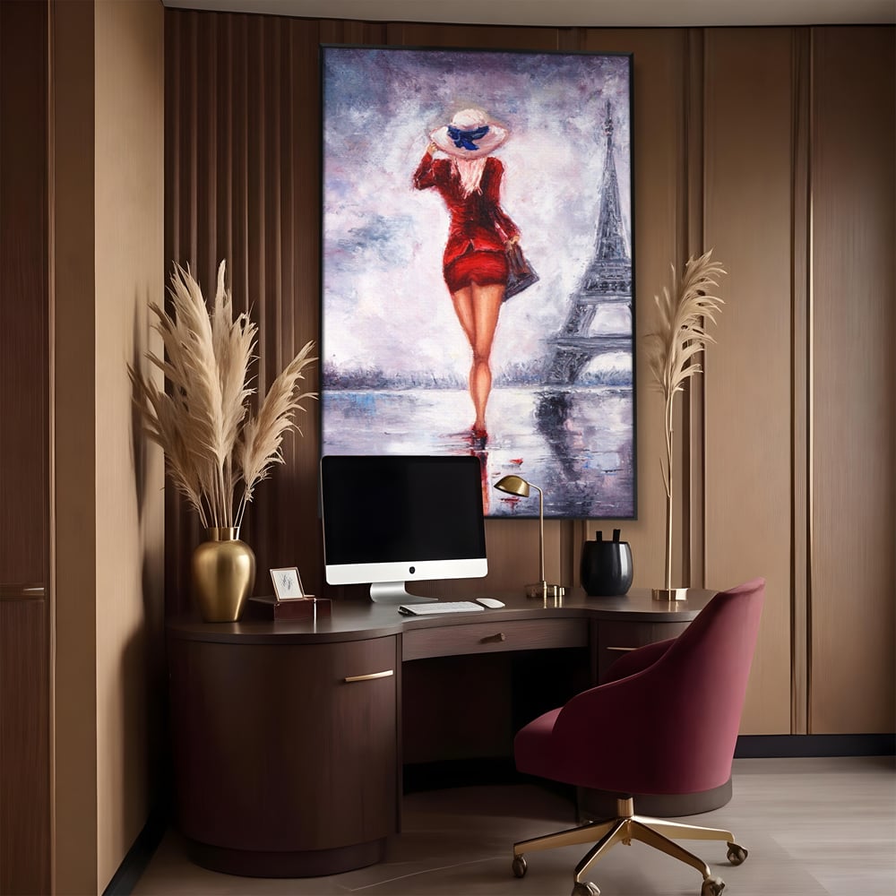 Tablou canvas cu pictura cu femeie in rochie rosie, in rama de aluminiu negru, pe perete intr-un birou